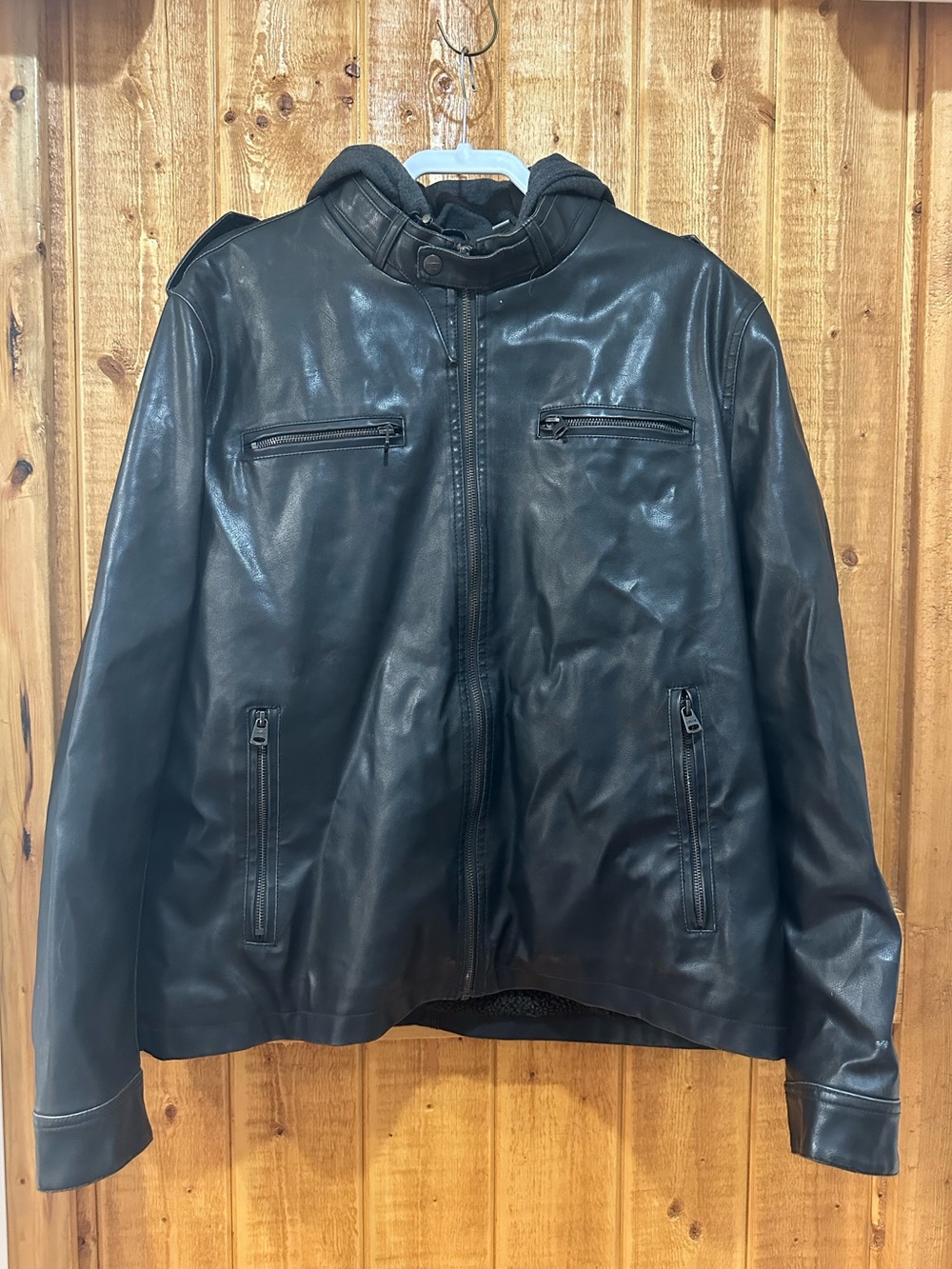 Levi's Mens Black/Grey Hooded Faux Leather Zip Up Lined Biker Jacket Size XL